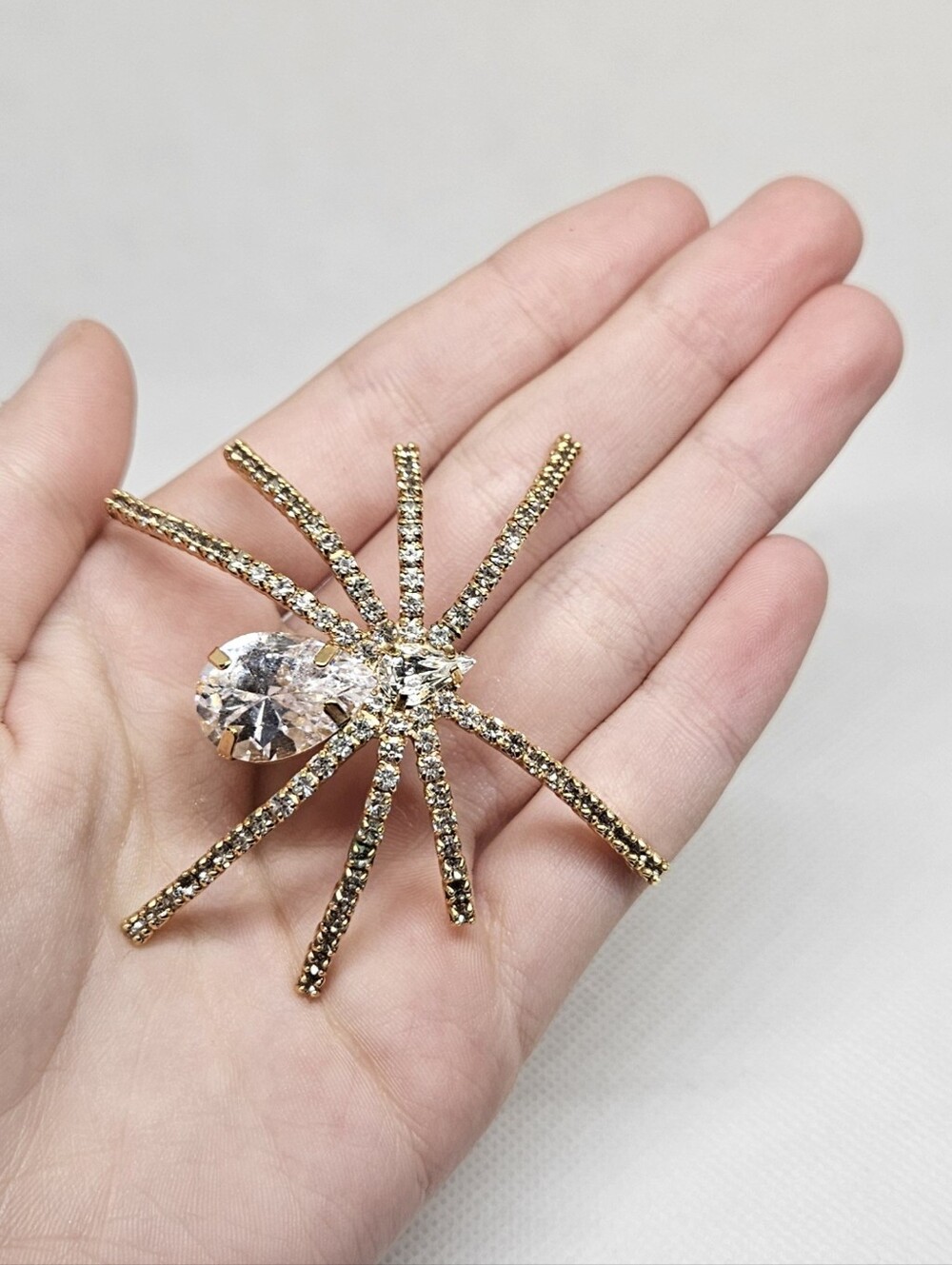Gold Tone Rhinestone Spider Brooch Large Crystal Statement Pin